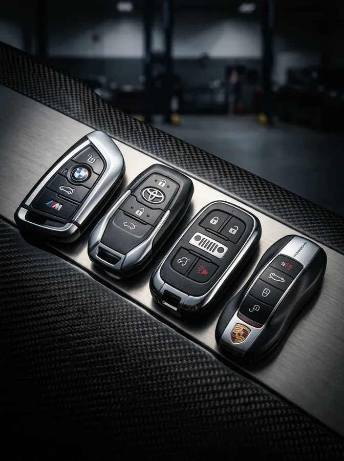 Chaves codificadas de BMW, Toyota, Jeep e Porsche, prontas, lado a lado